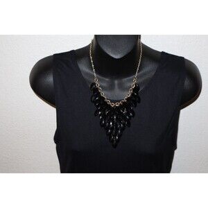 Black Teardrop Plastic Bead Necklace 18"+ Gold Tone Bib Cowl Fashion Jewelry